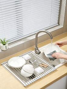 1Pc/2Pcs Foldable Metal Sink Drying Rack, Silicone Wrapped Edges To Prevent Scratches, Retractable Storage Draining Basket For Dishes, Fruits And Vegetables, Easy Installation, Suitable For Draining And Storage Above Kitchen Sink. - Random Color - View 2