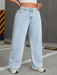 Light Color Plus Size Straight Leg Wide Leg Women's Jeans, Solid Color Denim Fabric Pocket Straight Leg Wide Leg Jeans, Holiday Campus Home All Seasons - Light Blue - View 1