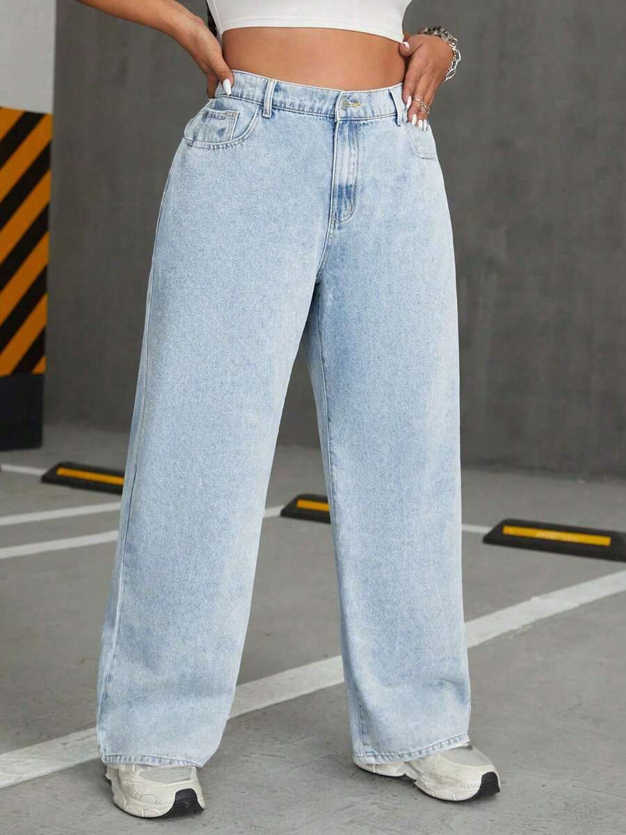 Light Color Plus Size Straight Leg Wide Leg Women's Jeans, Solid Color Denim Fabric Pocket Straight Leg Wide Leg Jeans, Holiday Campus Home All Seasons - Light Blue - View 1