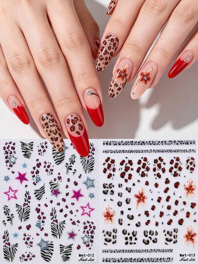 2pcs Glitter Leopard Zebra Floral Nail Art Stickers, Star Animal Skin Wild Design Self-Adhesive Nail Decor Patches, Nail Art Accessories For Women