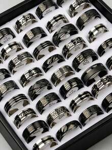 Set Cincin Pria 10/15/20pcs, Cincin Stainless Steel Ukiran Vintage, Perhiasan Hip Hop Punk Ukuran Campuran, Cocok untuk Pemakaian Sehari-hari dan Pesta - Cincin baja tahan karat dengan berbagai gaya. - View 3