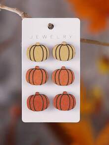 6pcs Minimalist Cute Multi-Color Pumpkin Wooden Stud Earrings Set For Women, Autumn Decoration Suitable For Daily Commute, Holiday Party Gathering, Halloween Accessory, Thanksgiving Holiday Gift - Multicolor - View 1