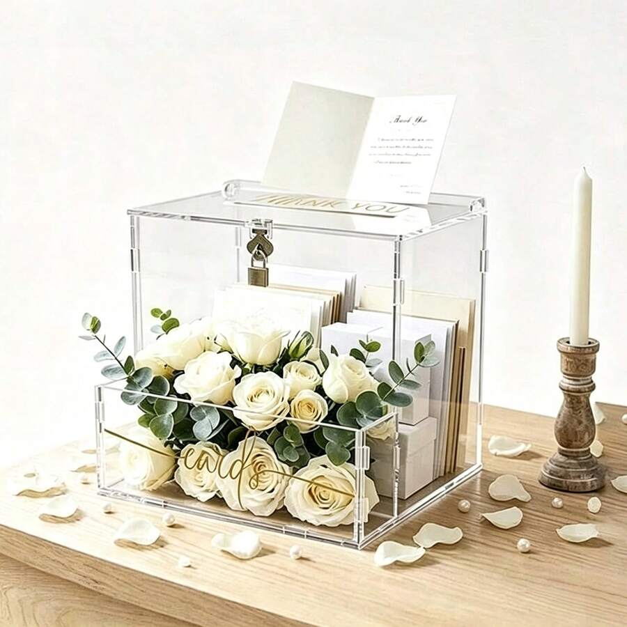 Lockable Transparent Acrylic Wedding Card Box With Card Slot, Decorated With Gold "Cards" Lettering, Envelope Gift Box For Wedding Reception, Bridal Shower, Birthday, Graduation Party Tabletop Decor - 1PC - View 1
