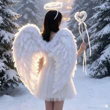 3pcs Christmas Angel Feather Wings Headband And Fairy Wand Set, Winter Gift Party Photography Atmosphere Cosplay Costume Props, Halloween Women's Cosplay Performance Props - White - View 8