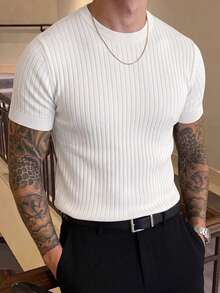 Men's Solid Color Vertical Ribbed Crew Neck Short Sleeve Knit Slim Fit Textured Casual Base Layer Top, Summer - White - View 4