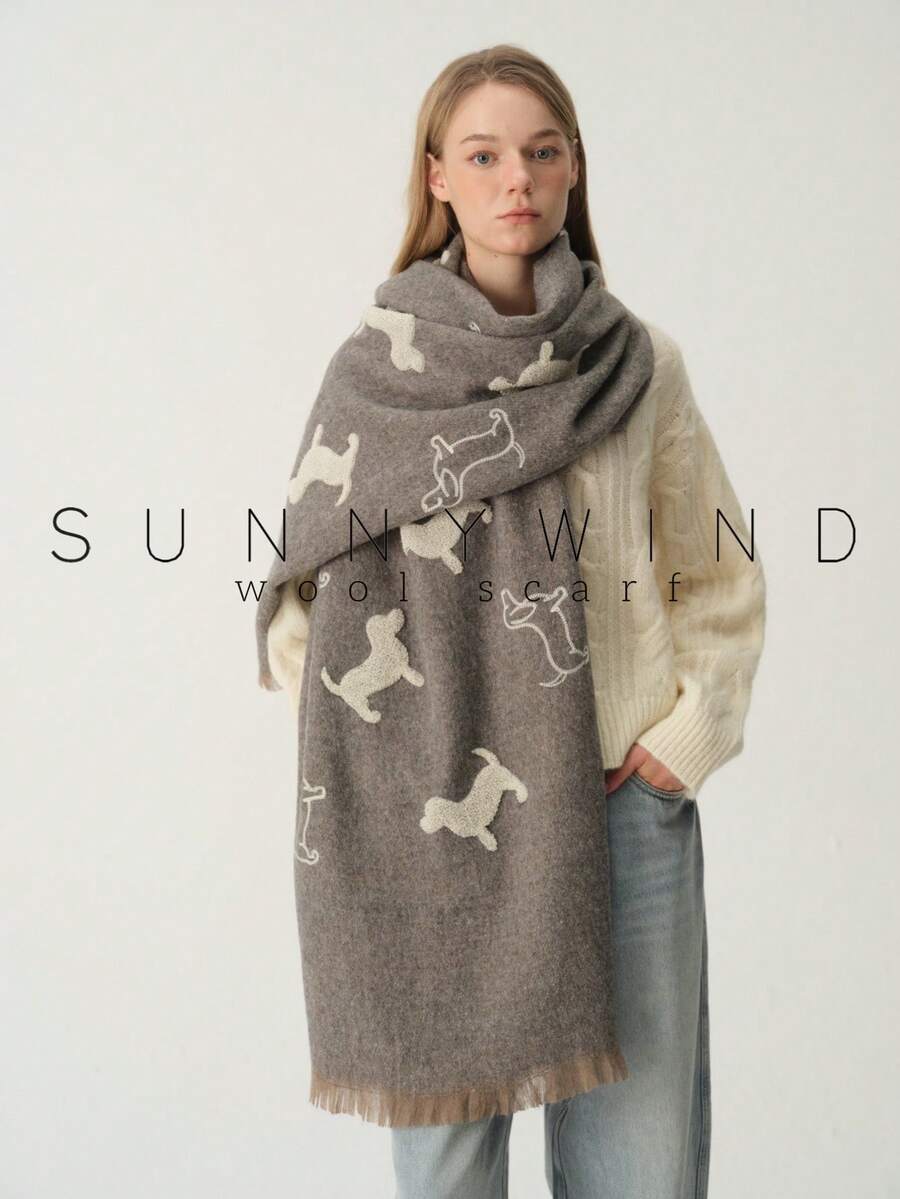 1pc Women's Dachshund Embroidered Cute Fashion Versatile Wool Scarf, Warm Essential For Autumn/Winter Daily Wear - Grey - View 1