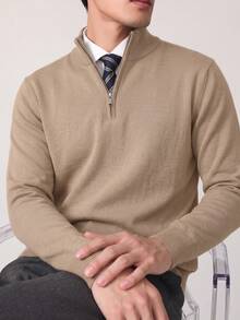 Autumn/Winter Plus Size Men's Half-Zip Half-High Neck Knit Sweater, Loose Fit, Casual Commuter Style, Versatile Long Sleeve Pullover Inner Layer - Camel - View 3
