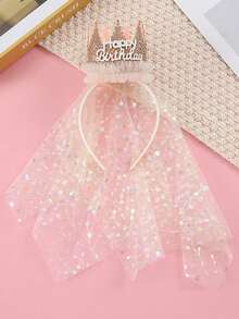 1pc Happy Birthday Crown Headband, Sparkly Pink Tiara With Shimmer Printed Tulle Veil, Sweet Princess Hair Hoop For Birthday Party Photoshoot Decor - Multicolor - View 12