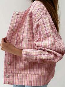 Women's Pink Plaid Long Sleeve Short Open Front Tweed Coat, Autumn/Winter Outfit Fall - Pink - View 3