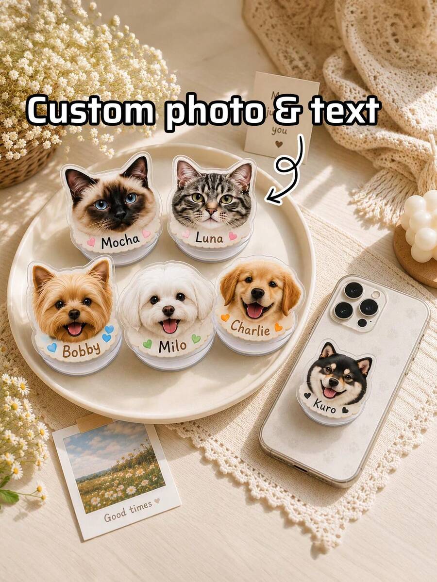 1pc Custom Pet Photo Phone Grip, Personalized Dog Or Cat Cute Handheld Accessory For Dog & Cat Lovers, Magnetic Phone Holder,Pet Lover Gift,Pet Owner Keepsake - Multicolor - View 1