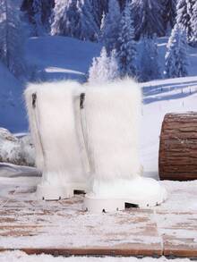 1 Pair Autumn/Winter New Fluffy Long Fur Decor Shiny Warm Comfortable Round Toe Back Zipper Design Mid-Calf Classic Kids Boots - White - View 2
