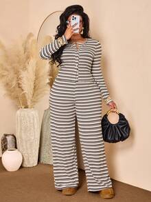 BIUBIU Plus Size Women's Home Set, Striped High Elasticity 2 Pieces Set, Round Neck Top With Wide Leg Pants, Fashion Button Detail - Apricot Brown - View 4