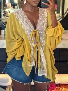 Women's Yellow Lace Patchwork Tie Front Blouse, Ruffle Flare Cuff Loose Batwing Sleeve Cardigan, Casual Daily Chiffon Outer Wear - Yellow - View 5