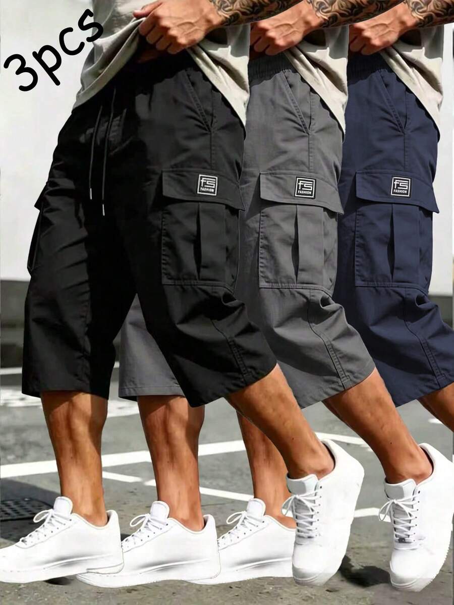 3PCS Men's Casual Sports Cargo Capri Pants, Practical Pockets, Suitable For Daily Wear And Sports - Multicolor - View 1