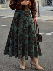 Yepolly-Pop Women's Autumn/Winter Floral Print A-Line Long Dress, Deep Green Vintage Ruched Waist Long Dress, Elegant Party Outfit - Green - View 2