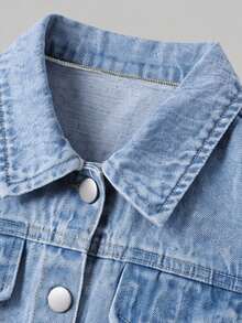 2pcs/Set Spring/Autumn Girls Denim Outfit, Frayed Hem Star Short Lapel Denim Top With Star Patch Wide Leg Denim Pants - Light Wash - View 6