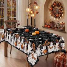 1pc Halloween Tablecloth Fabric,Funny Cartoon Ghost Witch Hat Pumpkin Spider Web Pattern Table Cover,Scratch Resistant Waterproof Polyester Table Cloth,Rectangular Tabletop Decoration Supplies For Halloween Trick Or Treat Party Home Dining Room Decor - View 3