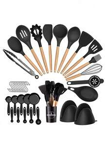 Juego de 36 piezas, 36 piezas de utensilios de cocina de silicona, juego de utensilios de cocina resistentes al calor con mangos de madera, utensilios de cocina antiadherentes, que incluyen cucharas raspadoras, accesorios de cocina, artículos de cocina para el hogar - Caqui - Ver 11