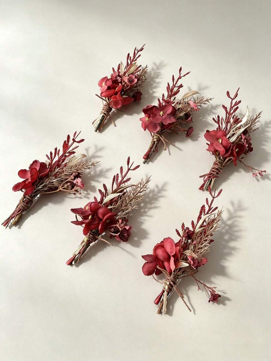 1pc/6pcs Premium Red Hydrangea Corsage With Gold Leaves, Suitable For Groom, Bride, Groomsman, Bridesmaid - Red - View 1