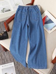1pc Tween Girls Casual Streetwear Sweet Cool Niche Stepped Distressed Design Fashion Personalized Straight Leg Jeans - Medium Wash - View 2
