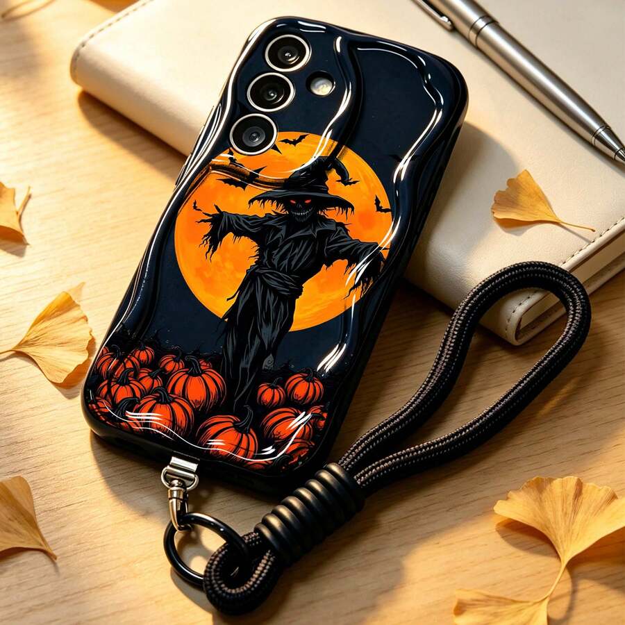 1件萬聖節稻草人圖案附掛繩,適用於 Galaxy S26/GalaxyA57/A37/A17/A07/Note13Pro/Note14Pro/A3x/A60/Smart 8/Hot 40i/Android 系列 TPU 乳霜質感保護手機殼 - 黑色 - 查看 1