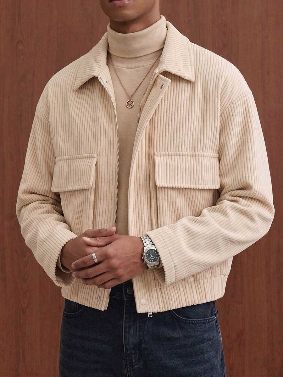 Hoodie Resleting Gaya Jalanan Vintage untuk Remaja Laki-laki, Sweatshirt Resleting dengan Bahu Jatuh Longgar - Aprikot - View 1