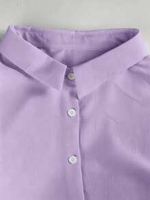 Women's Plus Size Solid Color Rolled Sleeve Long Front Button Shirt Blouse - Purple - View 5