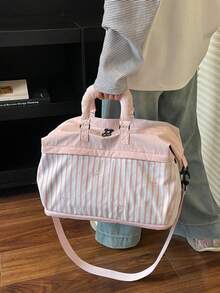 1pc Pink White Stripe Travel Duffel Bag, Bow Embroidery Large Capacity Weekend Bag, Detachable Shoulder Strap Gym Tote For Women - Pink - View 6