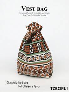 Mini Lightweight Foldable Cute Khaki Resin Hollow Breathable Colorblock Knitted Handbag Wrist Bag Crochet Vacation Outfit Photo Student School Girls - Khaki - View 1