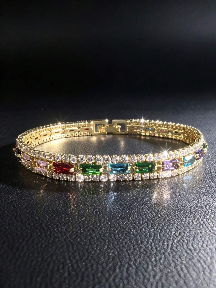 1pc Minimalist Elegant Cubic Zirconia Bracelet Suitable For Women's Daily, Holiday And Party Wear - Gold - View 1