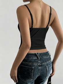 GLAMSKIN Women's Summer/Autumn Basic Solid Color U-Neck Spaghetti Strap Cropped Tank Top, Back To School Casual Streetwear Black - Black - View 2