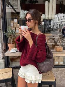 Senya Autumn/Winter New Women's Solid Color Cold Shoulder Long Sleeve Knit Top, Fashion Loose Cold Shoulder Sexy Pullover Sweater - Burgundy - View 1