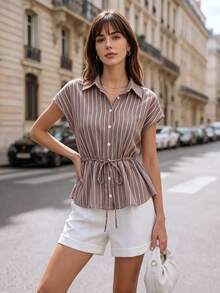 Fall Clothes For Women Striped Collared Shirt Top, Cap Sleeve Button Front Drawstring Waist Peplum Blouse Elegant Autumn Outfits For Women - Brown - View 1