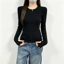 Black Regular Shoulder Round Neck Long Sleeve T-Shirt Women's Autumn Innerwear Outerwear Base Layer Slim Fit Basic Style Fashion Commute Outfit Top - Black - View 2
