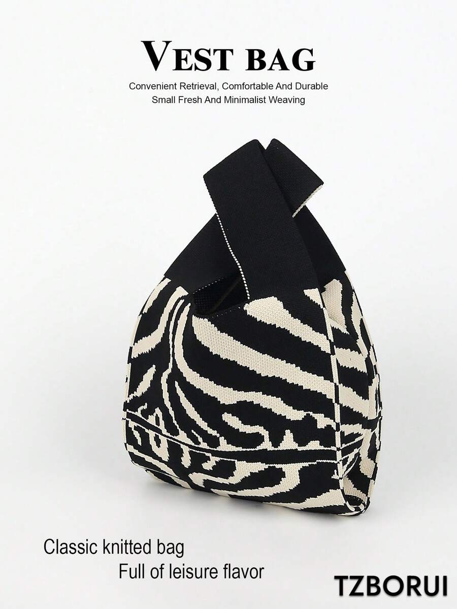 Mini Lightweight Foldable Floral Crochet Handbag, Shoulder Bag, Tote Bag, Fashionable For Photo Shooting, Suitable For College, Vacation, Boho Style - Black and White - View 1