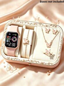 6/1pc Fashionable Minimalist Elegant Cute Square Digital Display Heart Pattern Decorative LED Screen Electronic Watch, Matching Butterfly Jewelry Set Including Necklace, Bracelet, Earrings And Ring. Perfect For Girls To Wear At Parties, Holidays And Other Occasions. Also The Best Gift Choice For Mothers And Friends On Mother's Day, Back To School Season, Easter And More. (Gift Box Not Included) - Multicolor - View 8