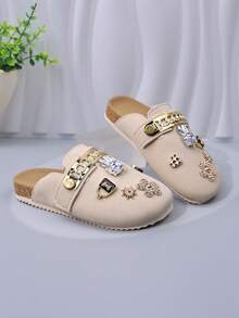 1 Pair Fashionable Versatile Girls' Beige Closed-Toe Slides With Rhinestone Rabbit & Flower DIY Accessories, Metal Chain, Soft Cork Sole, Outdoor Wear Mule Slippers For Daily Outings - Beige - View 5