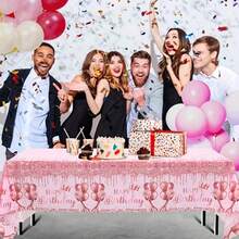 1pc Pink Rectangular Party Tablecloth, Plastic Material, With Crown Balloon Glitter Drip Print, Waterproof Oil-Proof Disposable, Suitable For Adult Theme Birthday, Anniversary, Small Gathering, Dinner Party Decoration, Create Exquisite Romantic Party Atmosphere - A - View 7