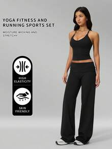 MFVIM Women's Versatile Yoga Casual Set, Tank Top + Wide Leg Pants, Suitable For Gym, Running, Pilates - Black - View 3