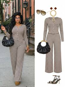 BIUBIU Plus Size Women's Home Set, Striped High Elasticity 2 Pieces Set, Round Neck Top With Wide Leg Pants, Fashion Button Detail - Apricot Brown - View 9