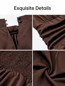 abyoxi Women's Brown Stand Collar Ruched Long Sleeve Fitted Mini Dress, Back Elastic Waist A-Line With Multi-Layer Ruffle Design, Elegant, Vintage, Romantic, Suitable For Date, Party, Going Out And Daily Commute, Autumn/Winter Short Dress - Brown - View 3