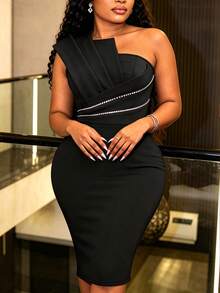 AOMEI Women's Elegant Charming Black One-Shoulder Fitted Dress, Rhinestone Trim Asymmetric Pleated High Waist Wedding Guest Dress Birthday Party Dress - Black - View 5