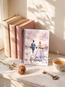 1pc Custom Photo And Text Spiral Notebook, Watercolor Bride And Groom Sunset Pattern Wedding Guest Book, Custom Couple Welcome Hardcover Journal, Romantic Keepsake Memory Book For Wedding Engagement Bridal Shower Gift - Multicolor - View 5