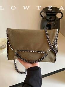 low tea 1pc Fashion Square Flap Suede Crossbody Bag Suitable For Commuting, Shopping And More - Dark Green - View 10