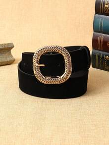 APLCSEY 2pcs Women's Suede PU Leather Belts With Metal Buckle, Fashionable Casual Street Style Holiday Waist Belts Suitable For Daily Use - Black + Red - View 2