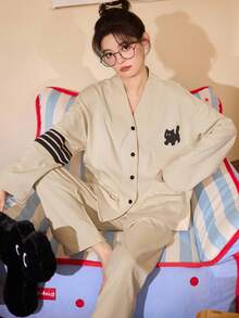 2pcs/Set Women's Pajamas Loungewear Set, New Cardigan Style Cute Cat Print Long Sleeve Cropped Pants, Comfortable For Home Wear - Apricot - View 7
