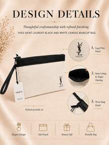 YSL Black And White Canvas Makeup Bag, 23*14.5cm, Sold Individually, Minimalist Contrast Design, Zipper Closure, Portable, Suitable For Daily Storage And Travel - Black and White - View 6