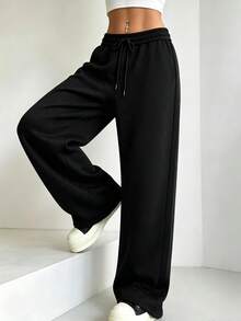 Women's Black Knitted Straight Leg Drawstring Sweatpants, Casual Y2K Style Long Lounge Pants, Suitable For Outdoor Wear - Black - View 1