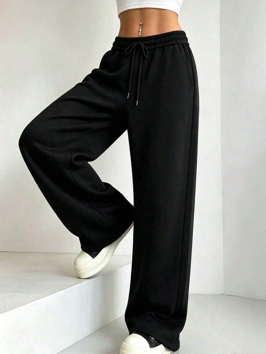 Women's Black Knitted Straight Leg Drawstring Sweatpants, Casual Y2K Style Long Lounge Pants, Suitable For Outdoor Wear - Black - View 1