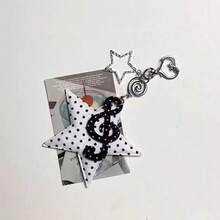 Vintage Polka Dot Stripe Musical Note Star Keychain Bag Charm Accessory Creative Cute Fun Hanging Ornament - Black - View 5